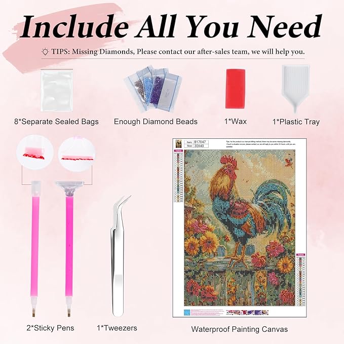 Yezavesu Chicken Diamond Art Kits for Adults, Chicken Diamond Painting Kit for Beginners, 5D DIY Round Full Drill Painting with Gem Art Craft Kits for Home Wall Decor 12x16 Inch