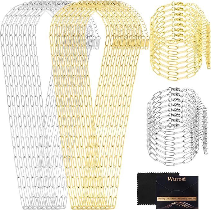 Wurosi 32 Pcs 18K Gold Plated Chain Necklace Bracelets Kit, Paperclip Chains, 18 Inch Bulk Charm Necklace Chain for Jewelry Making, Paperclip Bracelets for Women