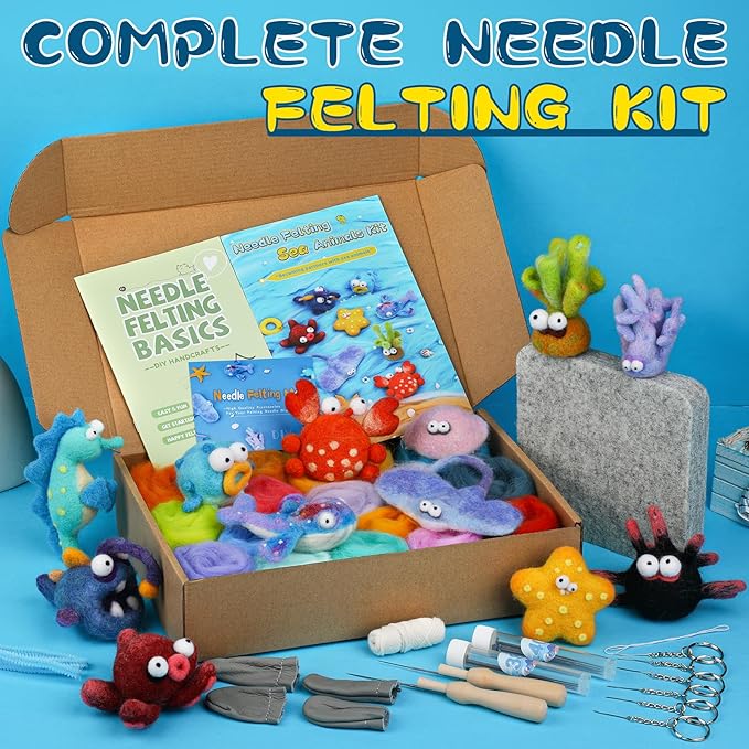 Fedmut Needle Felting Kits for Beginners Adult 12 Sea Animal Supplies with Wool Roving, Felt Art Kit, Wool Felting Kit for DIY Craft Home Decoration Party Supplies for Starters