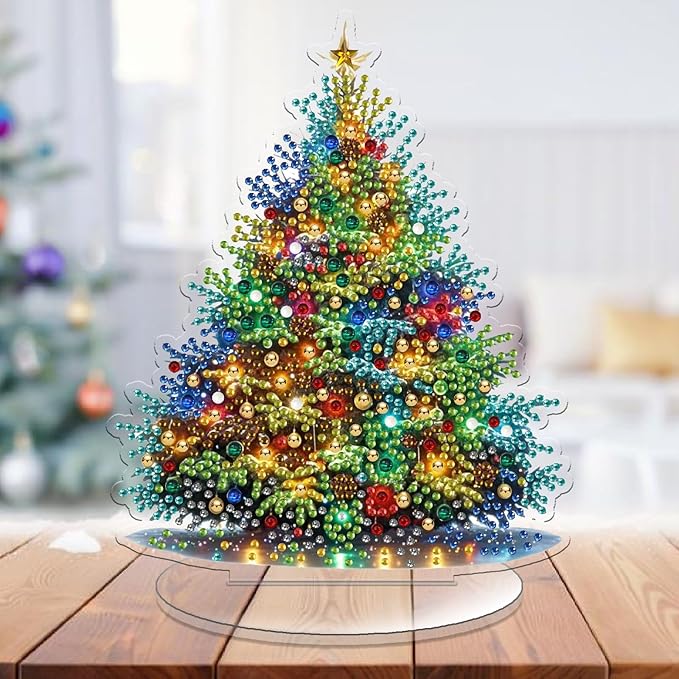 pudinbs Diamond Art Kit for Adult Christmas, 5D Diamond Art Painting, Double Sided Decorative Special-Shaped Rhinestone Desktop Ornaments, DIY Acrylic Ornaments (Christmas Tree)