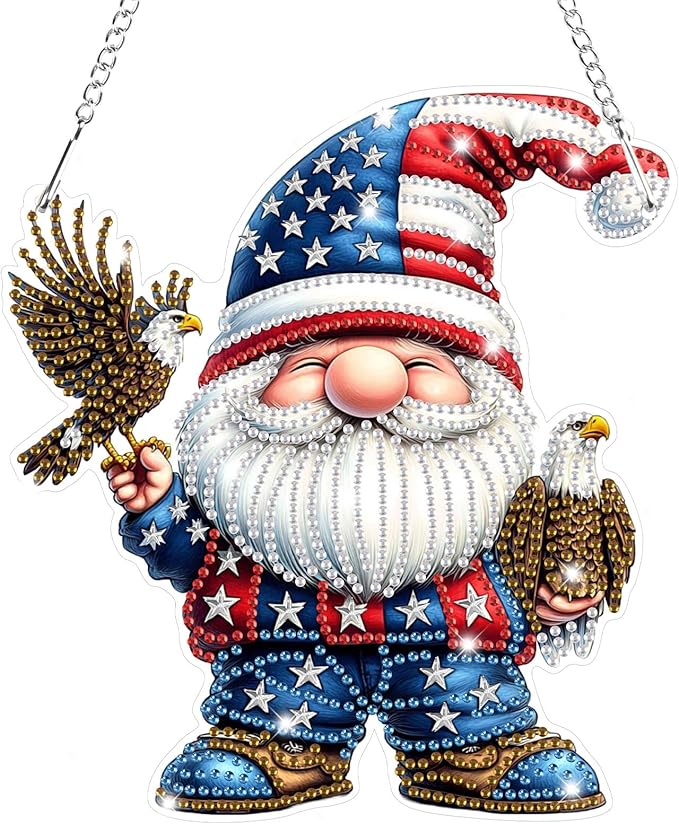 Bowetile Independence Day 5D Diamond Art Hanging Gnome Kits for Adults, 4th of July Diamond Painting USA Window Pendant Kits, Special Shape Gem Art Suncatcher Ornament for Home Wall Decor