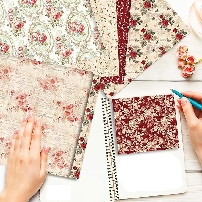 Vintage Red Scrapbook Paper, 12x12 Paper Pad, 24 Sheets/ 12 Designs Flower Garden Pattern Paper Vintage Rose Scrapbook Specialty Paper Double Sided Floral Decorative Craft Paper