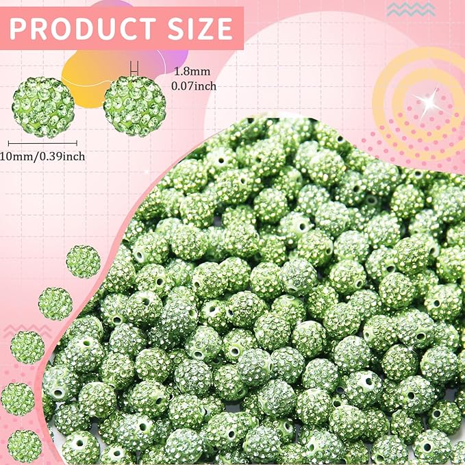 200 Pcs 10mm Rhinestone Beads for Jewelry Making, Light Green Shiny Round Shamballa Disco Baseball Necklace Beads Sparkle Crystal Clay Pave Rhinestones Bead for DIY Bracelet Earring Making Supplies