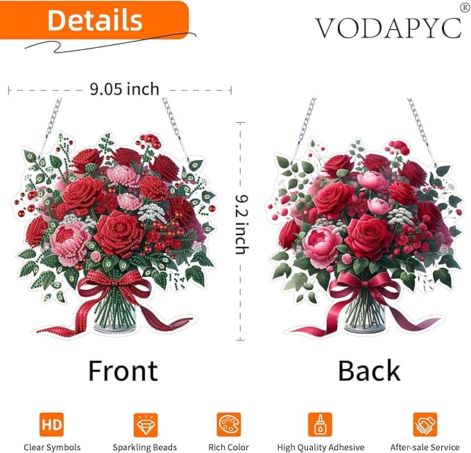 VODAPYC Mother's Day Rose Diamond Art Hanging Kits for Adults, DIY Acrylic Double Sided Special Shaped Diamonds Art Window Pendant Ornament(Red Rose Flower)