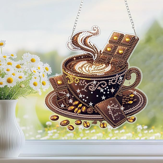 Diamond Art Hanging Kit for Adult, Cozy Morning: Sipping Coffee, Double Sided Acrylic Special Shaped Diamond Art Painting Window Pendant Hot Chocolate Coffee , Home Garden Wall Hanging Ornament Kits