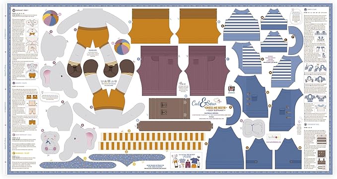 kullaloo Cut & Sew Fabric Panel – Elephant Doll Sewing Kit for Teens & Adults ✦ Intermediate DIY Plush Project with Clothes ✦ Dress Me Bestie Eddy
