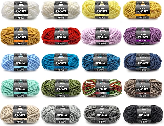 ARTEZA Acrylic Yarn for Crocheting, 20 Mini-Skeins of Worsted Yarn for Knitting in Classic Colors, Knitting & Crochet Supplies