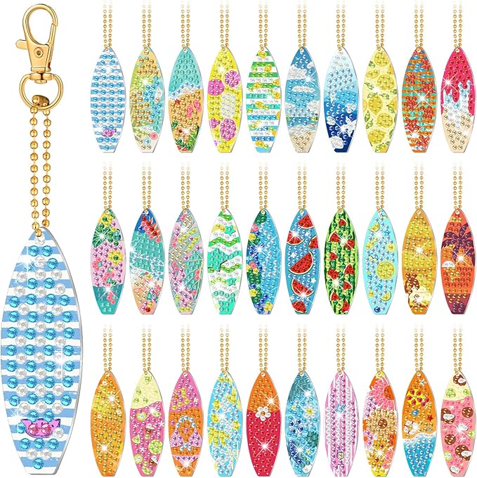 Huquary 30 Pcs Summer Diamond Art Keychains Surfboard Diamond Painting Keychain Kits for Aldults Double Sided 5d Rhinestones Beach Hawaiian Luau Party Hanging Ornaments for Beginners DIY Crafts