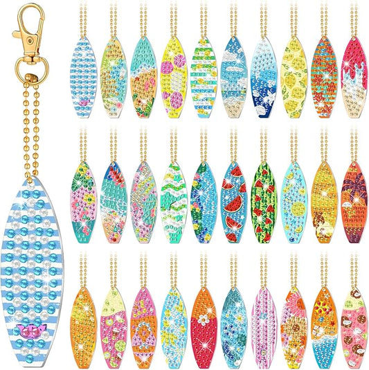 Huquary 30 Pcs Summer Diamond Art Keychains Surfboard Diamond Painting Keychain Kits for Aldults Double Sided 5d Rhinestones Beach Hawaiian Luau Party Hanging Ornaments for Beginners DIY Crafts