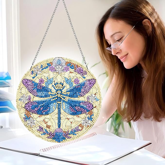Hanging Diamond Art Kits for Adults Dragonfly – 8x8 Inch Double-Sided Acrylic Board DIY Crystal Diamond Suncatcher Pendant, Sparkling Home Wall or Window Decoration Handmade Gift