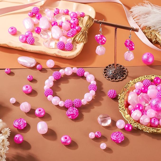 FASHEWELRY 1 Bag Rose Red Acrylic Beads Assorted Cute Round Beads Bulk Kawaii Aesthetic Beads Rose Flower Beads for Bracelets Necklace Key Chains Jewelry Making