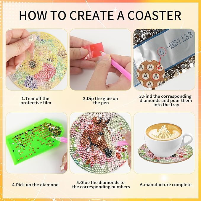 Horse Diamond Art Coasters Kits, 8 Pcs Diamond Painting Coaster with with Holder and Cork Pads, Horses DIY Crafts Gem Art Kit for Adults Beginners Home Decor Halloween Christmas Gifts