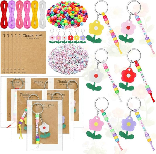 Suncalla 984 Pcs 24 Set Teacher Appreciation Gifts Keychain Making Kit DIY Cute Flower Charm Beads Key Chain Crafts Thank You for Helping Me Grow Adjustable Letter Cards Strings Kit Teacher Day Gift