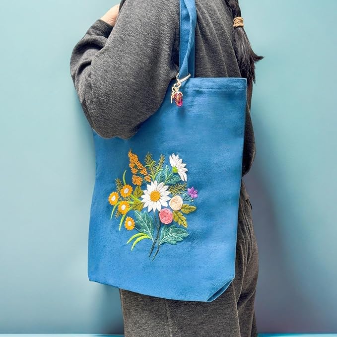 Speedura Embroidery Kit for Beginners – Dual Canvas Tote Bags with Floral Cross Stitch Patterns | Complete Needlepoint Set Includes Hoops, Threads & Step-by-Step Video Tutorial (Beige & Blue Set)