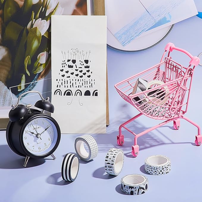 Outus 12 Rolls Washi Tape Set Black White Paper Thin 15 mm Wide 7 Meters Long Decorative Craft Adhesive Masking Tape Washi Tape Black White Strip for DIY Wrapping Decoration (Stylish Style)