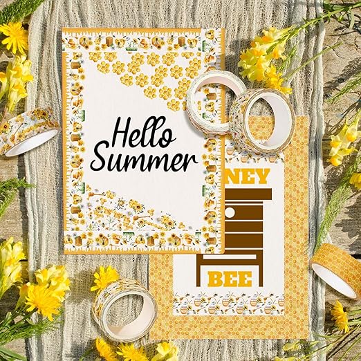 Whaline 12 Rolls Bee Washi Tape Bumble Bee Honeycomb Sunflower Washi Tapes Watercolor Yellow Decorative Masking Tape for Spring Summer Scrapbook Journal DIY Art Craft Gift Wrapping