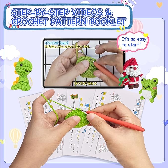 Wunila 6Pcs Crochet Kit for Beginners, Crochet Animal Kits for Adults with Step by Step Videos Tutorials, Knitting Kit for Crochet Lovers Great Birthday Holiday Gift, DIY Handmade Gifts