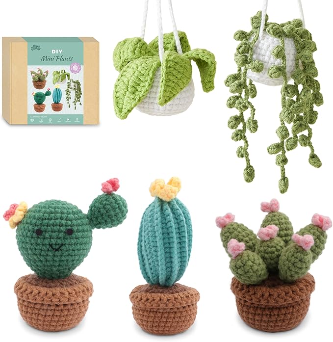HOUSE CREATIVITY Crochet Plant Kit for Beginners – Mini Succulent & Cactus Garden (5 Plants), Amigurumi Crochet Starter Kit with Video Tutorial, Yarn & Pots, Cute Desk Decor DIY Craft Gift
