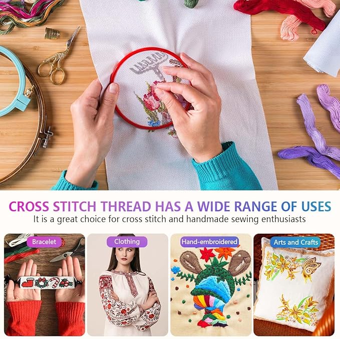 OBTANIM 200 Skeins Rainbow Color Embroidery Floss Cross Stitch Threads Bracelet String Yarn Crafts Floss with Needles for Bracelet Making, Hand Sewing Crafts