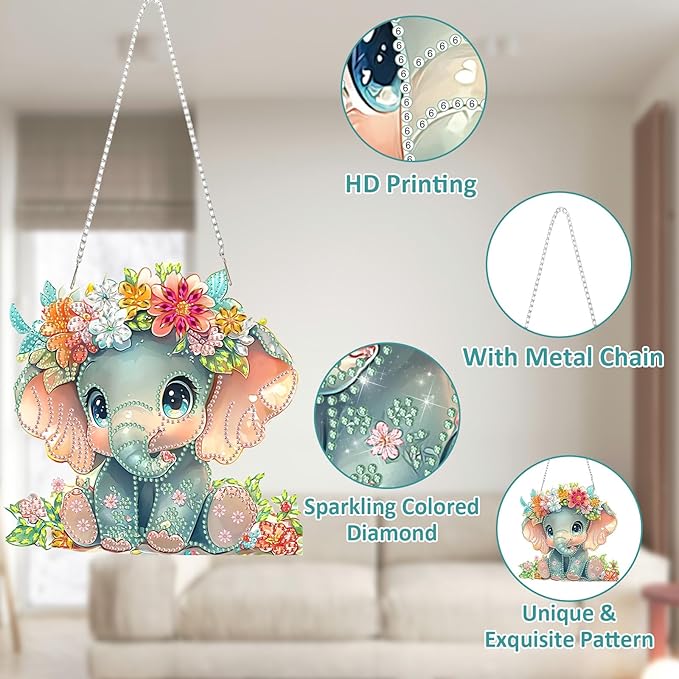 SENQAO Elephant Diamond Art Hanging Kit for Adult, Special Shaped Rhinestone, DIY Acrylic 5D Diamond Art Painting Window Pendants Home Garden Wall Hanging Kits Hanging Ornament