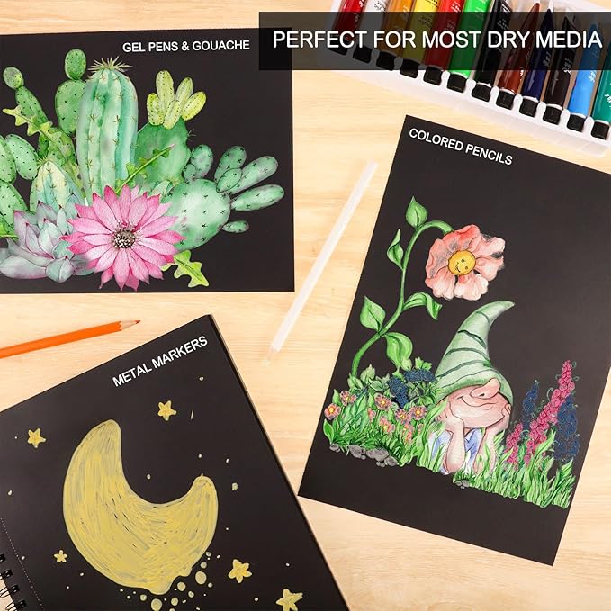 50 Sheets Black Paper Sketchbook, 108 lb/160gsm Heavyweight Black Sketch Pad 9×12in, Acid-Free Drawing Paper, Spiral Bound Sketch Book for Kids, Teens, Artist