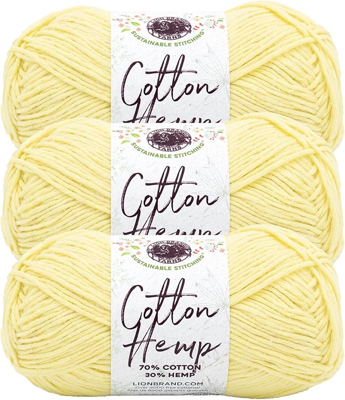 Lion Brand Yarn Cotton Hemp, Soft, Durable Yarn for Crochet and Knitting, 3 Pack, Canary