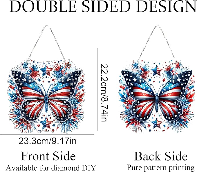 DIY Diamond Art Painting Wreath Kits，Special Shaped Rhinestone Hanging Ornament Diamond Art Window Pendants for Gift Home Garden Wall Hanging Kits,Double Sided (4th of July-Butterfly)