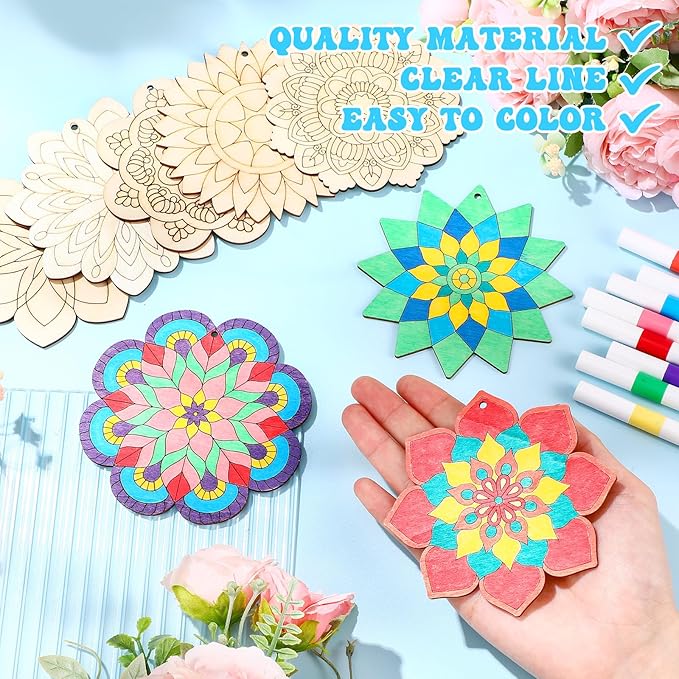 Blosssound 40 Pcs Unfinished Wood Mandala to Paint Wooden Mandala Painting Crafts Diwali Art Slices for Adult to Relax Painting DIY Crafts Ornament Wedding Home Decorations, 4 Inch(Elegant)