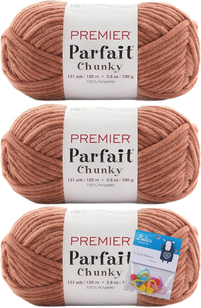 Premier Yarns Parfait Chunky Chenille 3.5 Oz 6 Super Bulky Weight 3 Pack Bundle with Bella's Stitch Place Holders (Acorn)