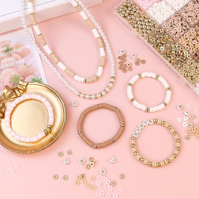 LUDUKOO Clay Bead Bracelet Kit, 2370Pcs Flat Polymer Clay Heishi Beads Bracelet Making Kit for Girls Adults, DIY Friendship Bracelet Kit with Gold Beads Letter Beads Pearl Beads for Bracelets