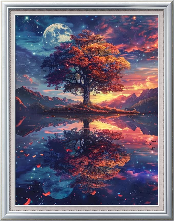 leczany cross stitch stamped kits for adults beginners patterns craft kit needlepoint full range of diy embroidery kits starter 11ct 3 strands | lake light tree 15.8×20.9 inches