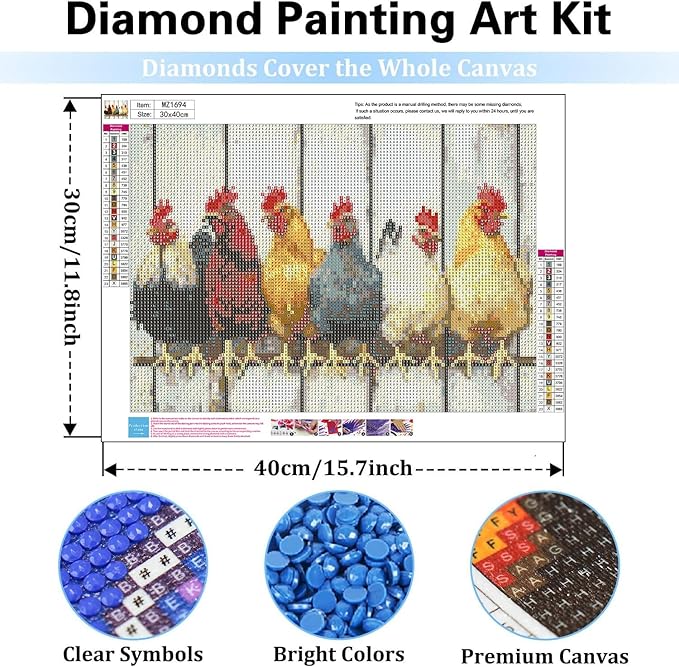 mrpwnle Diamond Art Kits for Adults, Chicken Diamond Painting Kits for Adults Beginners, 5D Diamonds Art Painting Kit, DIY Full Round Drill Gem Art Kit, Gift Home Wall Decor 15.7 X 11.8 Inch