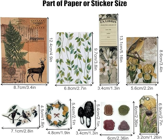 Esweny 260PCS Vintage Journaling Scrapbooking Supplies Scrapbook Sticker Paper Ephemera Pack for Junk Journal Planners Collage Craft Notebooks Album (Plants and Birds)