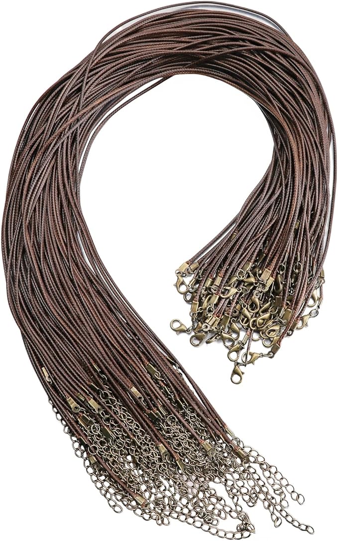 100 Pcs 18" 1.5mm Brown Waxed Cord Necklace String Bracelet Faux Leather Chain Clasp Bulk for Jewelry Making Supplies Accessories(Brown)
