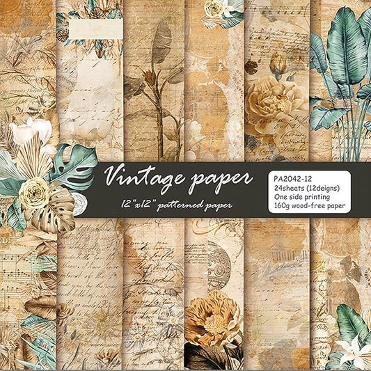 YASMEN Vintage Scrapbook Paper Pad, 12x12 Single-Sided Cardstock Paper Pads for Card Making, Journals, Planner, DIY Envelopes, Greeting Cards,Gift Card, Decorative Art Craft -24 Sheets