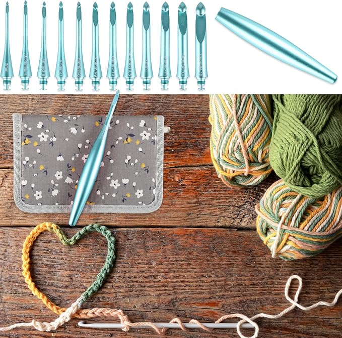 Svartur Interchangeable Crochet Hook Set with 12 Hooks – Ergonomic Crochet Hooks Large Handle, US Sizes E-4 to N-15 (3mm–10mm), Smooth & Lightweight, Crochet Kit with Storage Case, Blue