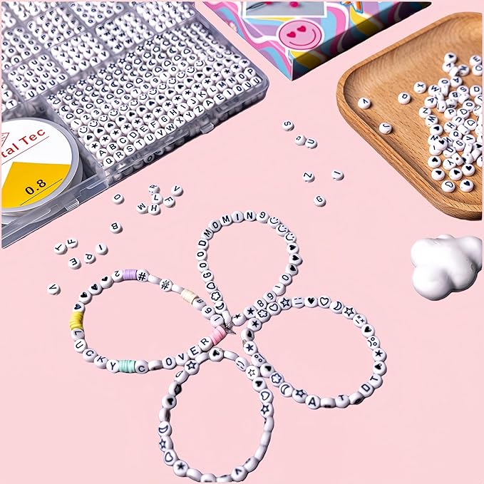 nikkiGuo 1250 PCS Letter Beads Kit with Elastic Cord – Alphabet A–Z, Numbers, Heart, Moon, Star, Smiley Beads for Friendship Bracelets & DIY Jewelry (White Beats & Black Letters)