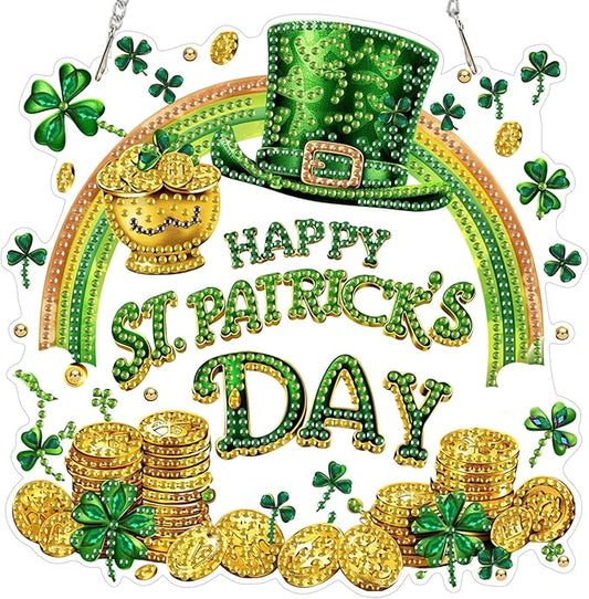 NEWENMO DIY Hanging Diamond Art Pendant Painting Kit, Happy St. Patrick's Day, Special Shaped Crystal Gem Craft Painting Kit Ornament, Diamond Ornament for Home Garden Wall Hanging, Lucky Gold Coin