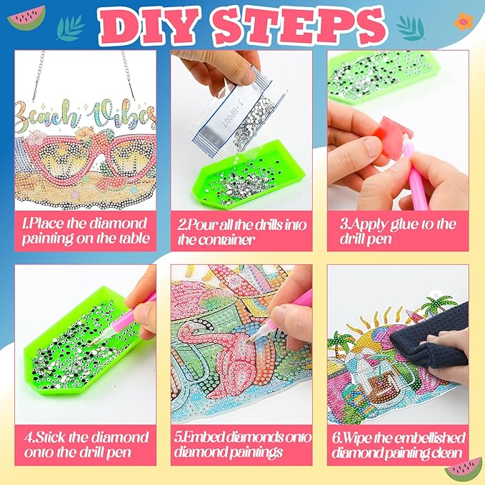 Burbell 3 Pcs Diamond Summer Beach Painting Kits Sunglasses Smoothie Diamond Art Hanging Ornament Sign DIY Painting Art Kits for Summer Adult Window Door Wall Decorations