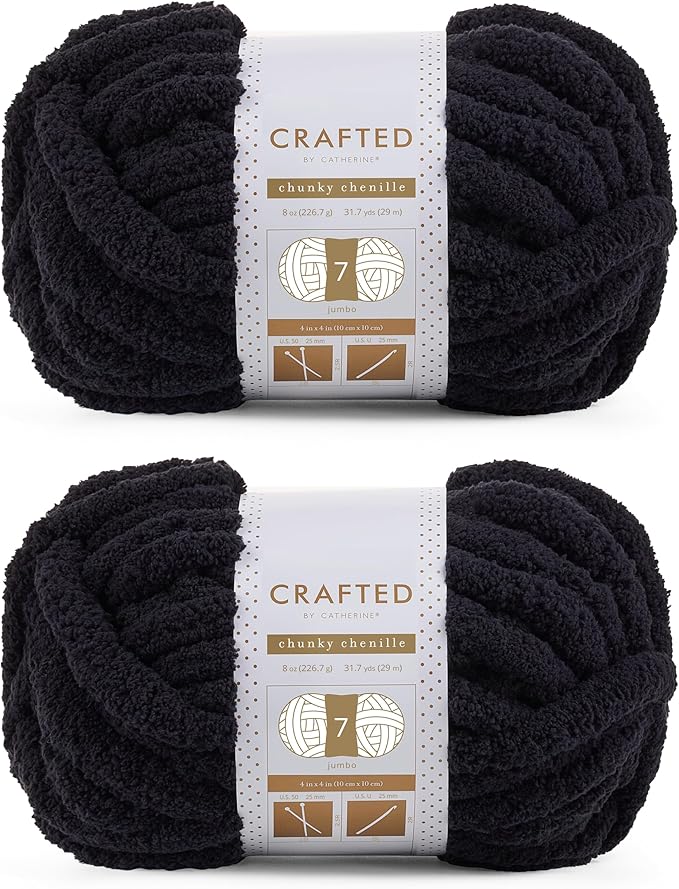 Crafted By Catherine Chunky Chenille Yarn - 2 Pack (8 oz / 227 g, 31.7 Yards Each Skein), Black, Gauge 7 Jumbo