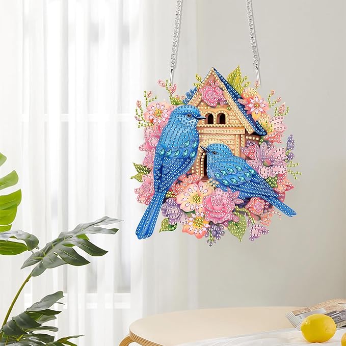 Reofrey Hanging Diamond Art Kits for Adults– 8x8Inch Birds Hanging Ornament Acrylic Board Double Sided Pattern Crystal Diamond Art Suncatcher Pendant, for Home Wall Window Decoration Handmade Gift
