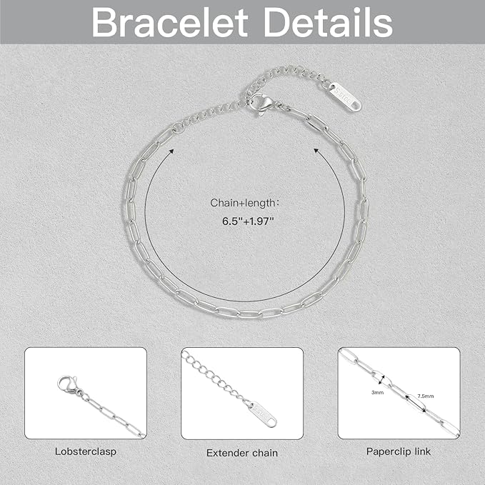 Swyabi 10 PCS Charm Bracelet Chain 6.5 Inch Stainless Steel Paperclip Chain Bracelets Set for Men Women DIY Bracelets Crafts