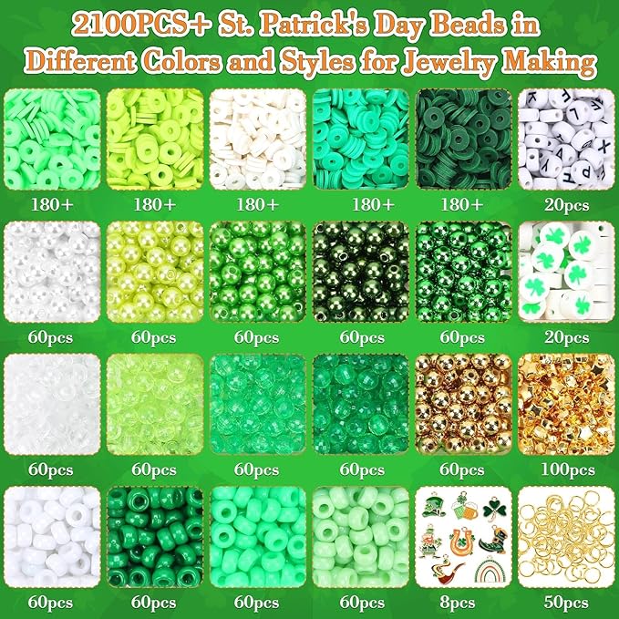 UPINS 2100PCS+ St. Patrick's Day Bracelet Making Kit,Green Shamrock Round Beads Charms for Jewelry Making Bracelet Necklace Making DIY Crafts Gifts