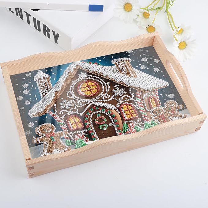 Christmas DIY Diamond Art Tray with Handle Special Shaped Diamond Art Plate Creative Design Handmade Wooden Tray Mosaic Making Kits by Number Kits DIY Crafts Gift for Xmas Organizer (Christmas House)
