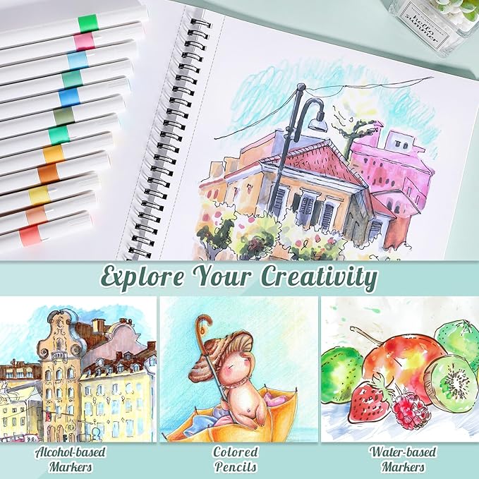 50 Sheets Marker Paper Pad, 8.3×11.7 Inch Bleedproof Art Sketch Pad, 73lb/120gsm Drawing Paper Spiral Sketch Book, Alcohol Marker Paper Painting Coloring Paper for Beginners, Artists, Gift