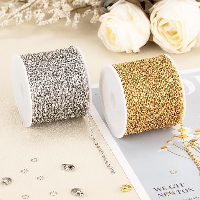 SMYHTGLIF Total 65.6 Feet Gold & Silver Jewelry Making Chains 2 Rolls Stainless Steel Chain for Jewelry Making Thin Oval Cable Chain Craft Chain Bulk