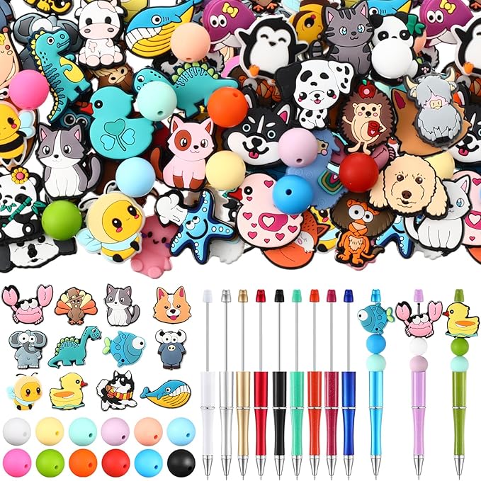 Humyoun 122 Pcs Silicon Focal Beads for Pens Set Include 12 Beadable Pens and 110 Silicone Focal Beads for Keychains DIY Making Bracelet Supplies