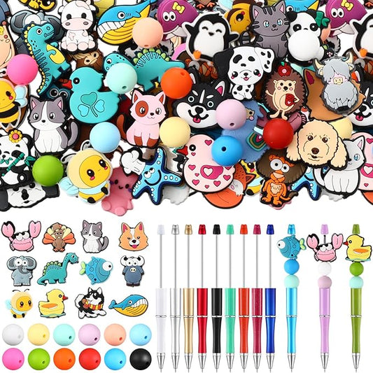 Humyoun 122 Pcs Silicon Focal Beads for Pens Set Include 12 Beadable Pens and 110 Silicone Focal Beads for Keychains DIY Making Bracelet Supplies