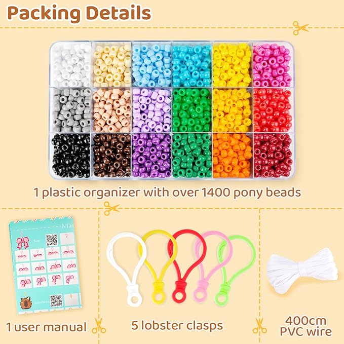 2600+pcs Pony Beads Kit, 18 Color Rainbow Plastic Multicolor Pony Bead Bulk with Elastic String Bead Pets DIY Crafts Jewelry Making Kit for Bracelets Bag Charm Necklaces Key Chain