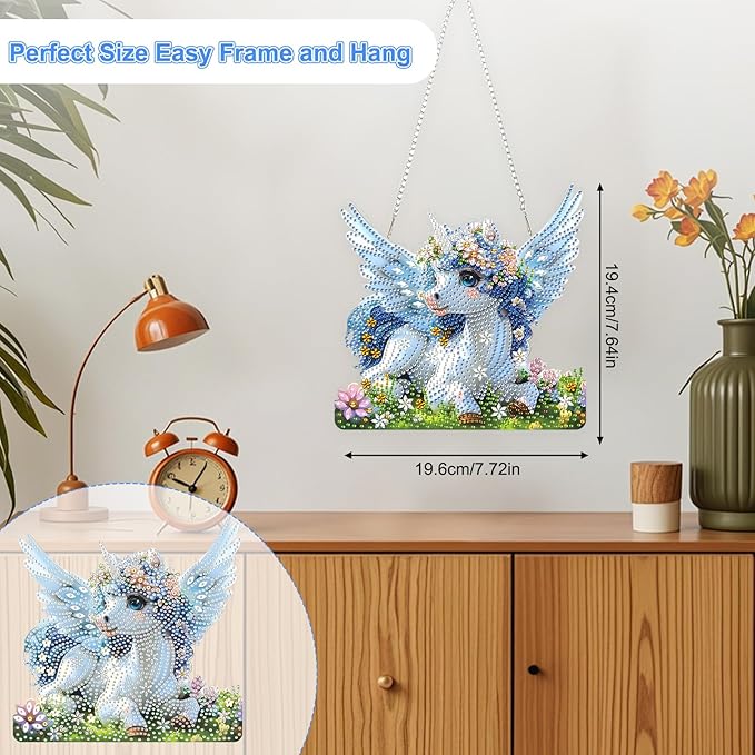 TOSTOG Gentle Unicorn Flower Diamond Art Pendant Kits for Adult, Diamond Painting Hanging Kit for Beginners, 5D DIY Crafts Gem Art, Waterproof Full Accessories for Home Decor Idea 20 * 20 cm/8 * 8 in